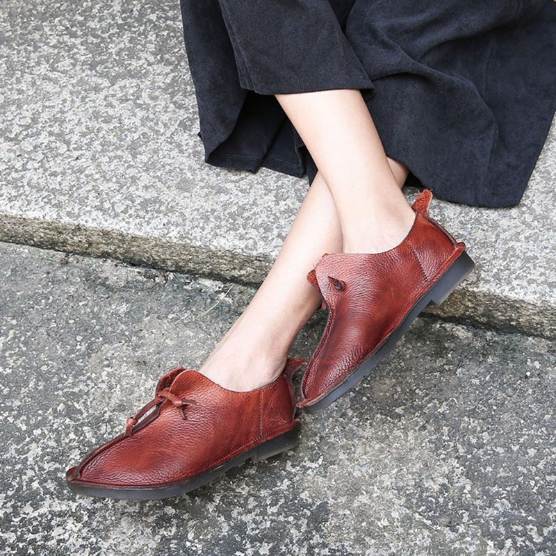 Comfortabele Retro Leren Platte Damesschoenen