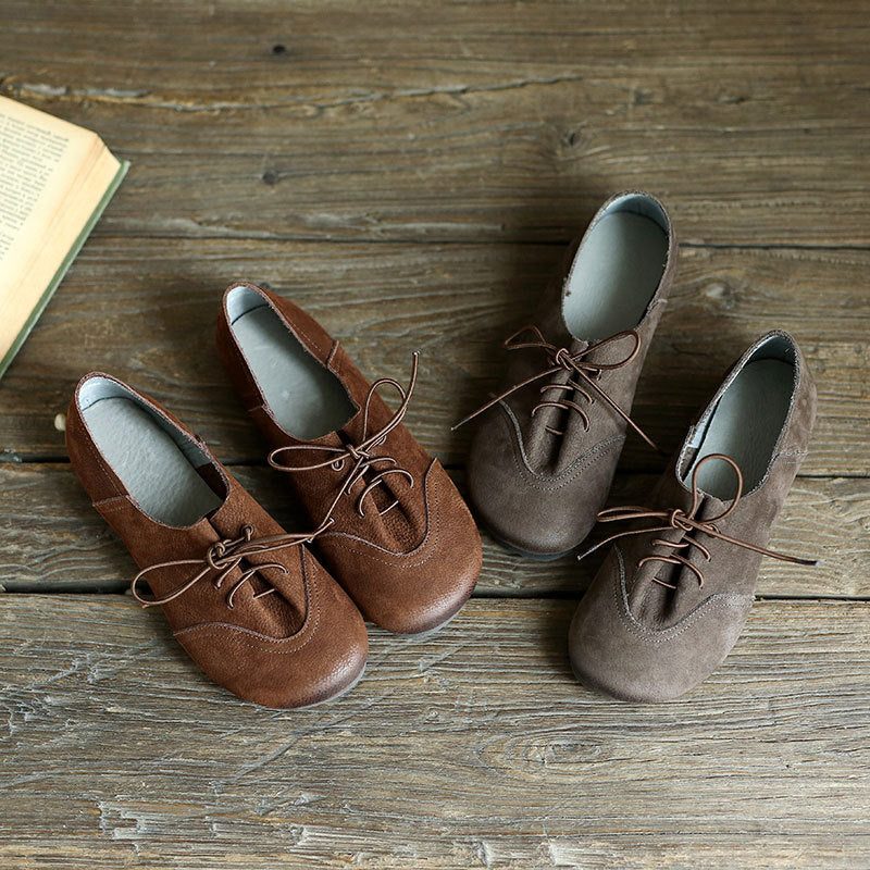 Comfortabele Retro Leren Platte Schoenen Met Veters