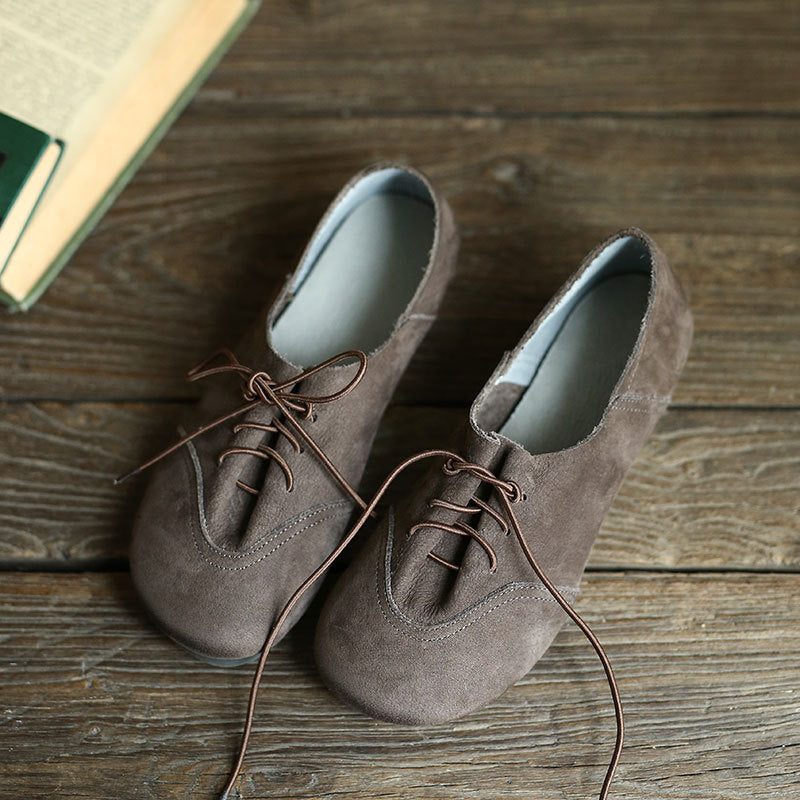 Comfortabele Retro Leren Platte Schoenen Met Veters