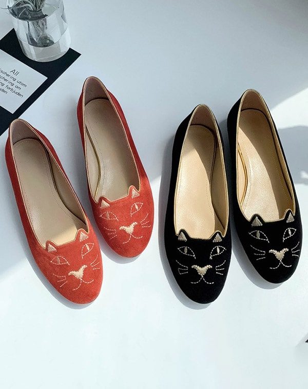 Geborduurde Kat Suède Ronde Kop Comfortabele Platte Schoenen