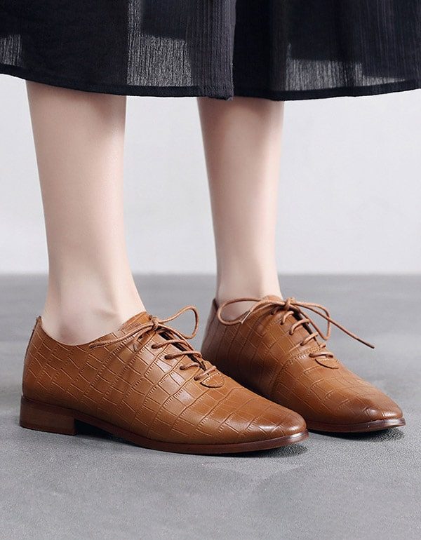 Gladde Lederen Veterschoenen Britse Stijl Damesschoenen