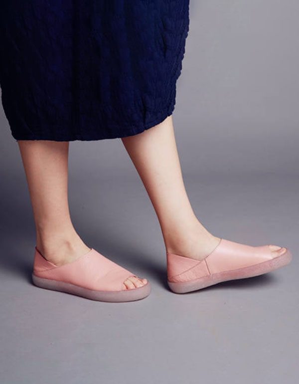 Handgemaakte Lederen Open Teen Eenvoudige Platte Schoenen