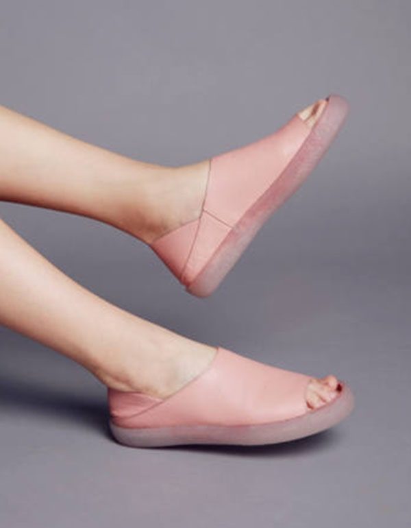 Handgemaakte Lederen Open Teen Eenvoudige Platte Schoenen
