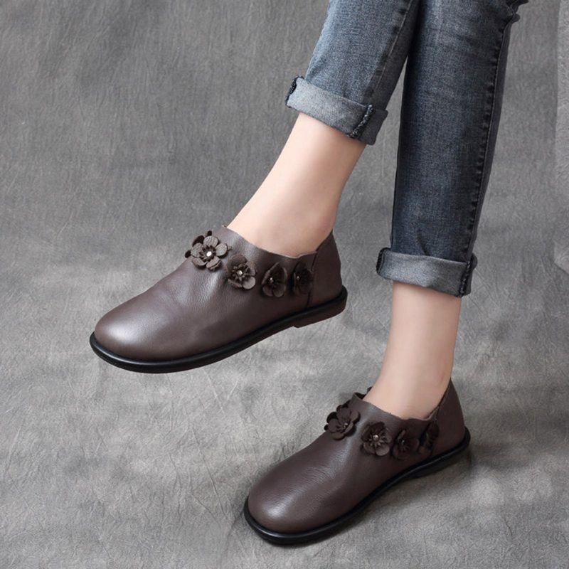 Herfst Retro Lederen Zachte Onderkant Platte Damesschoenen | Cadeau Schoenen