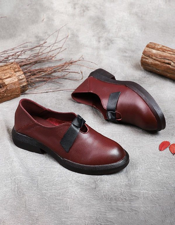 Herfst Zachte Lederen Strik Retro Platte Schoenen