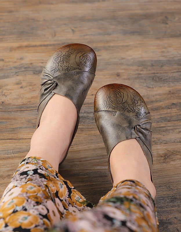 Lederen Kruis Handgemaakte Reliëf Retro Platte Schoenen