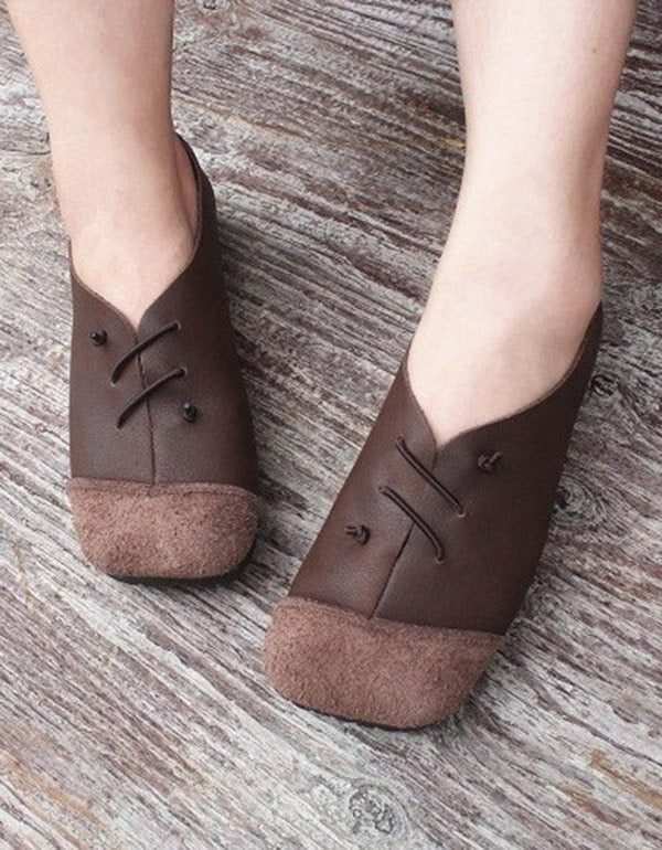 Lederen Vierkante Kop Handgemaakte Retro Platte Schoenen