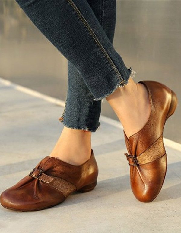 Leren Cross-border Retro Platte Schoenen Met Ronde Kop
