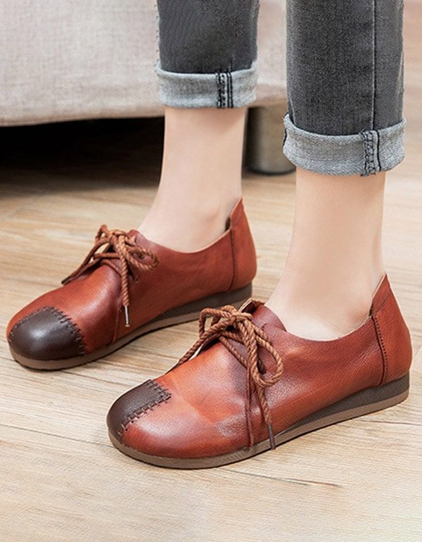 Leren Handgemaakte Retro Platte Schoenen Met Veters