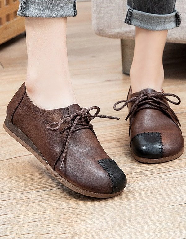 Leren Handgemaakte Retro Platte Schoenen Met Veters