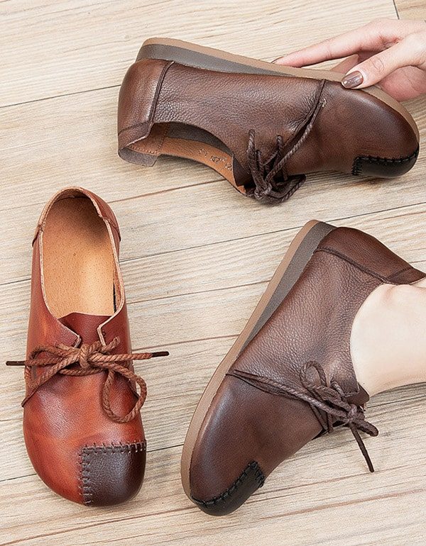 Leren Handgemaakte Retro Platte Schoenen Met Veters