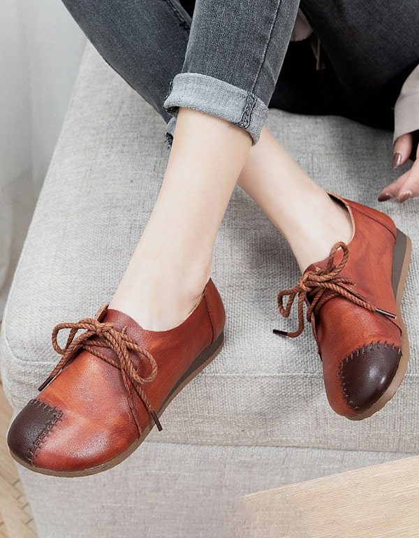 Leren Handgemaakte Retro Platte Schoenen Met Veters