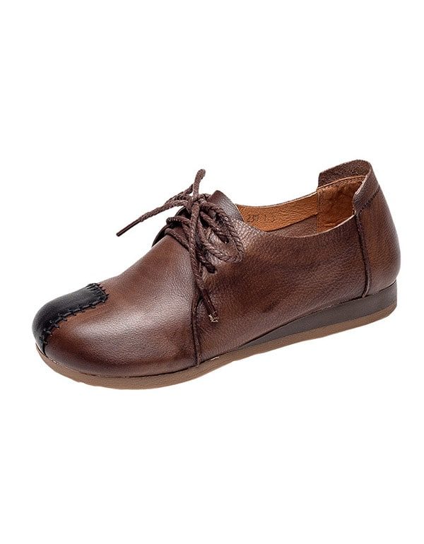 Leren Handgemaakte Retro Platte Schoenen Met Veters
