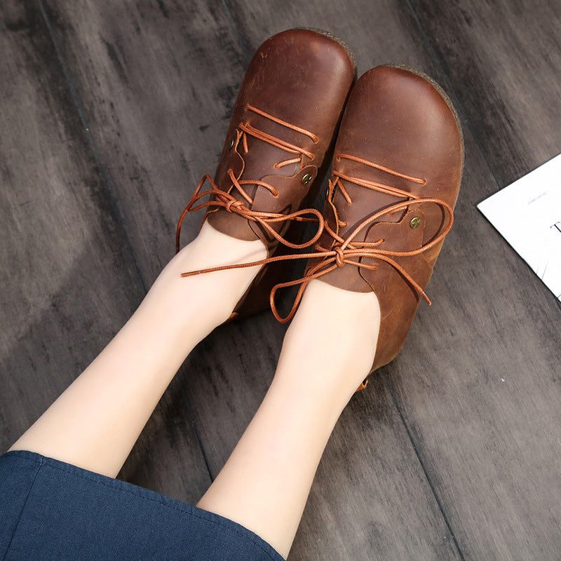 Leren Platte Schoenen Met Ronde Kop En Veters
