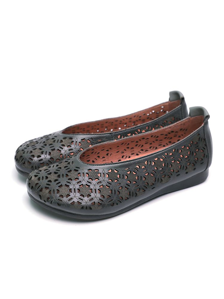 Leren Retro Platte Schoenen Voor Dames Met Lage Hak