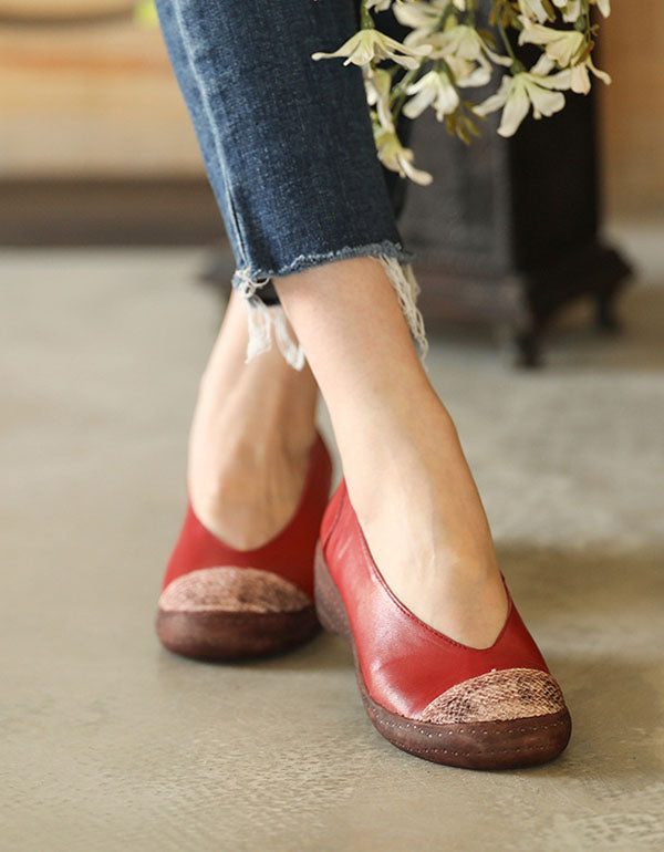 Platte Schoenen Van Schapenvacht Retro Leer Met Gesloten Neus