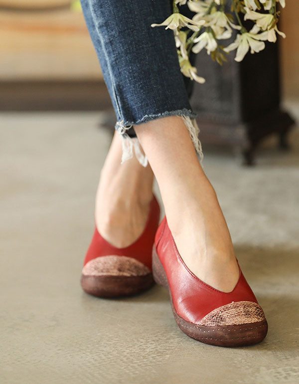 Platte Schoenen Van Schapenvacht Retro Leer Met Gesloten Neus