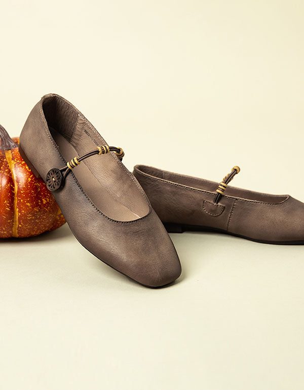 Retro Lederen Platte Schoenen Met Vierkante Kop