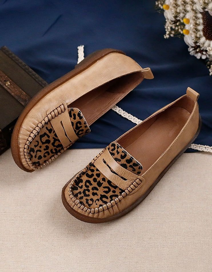 Retro Leren Luipaard Platte Comfortabele Loafers