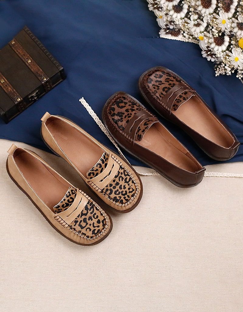 Retro Leren Luipaard Platte Comfortabele Loafers