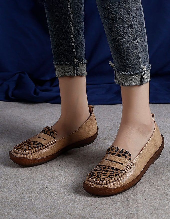 Retro Leren Luipaard Platte Comfortabele Loafers