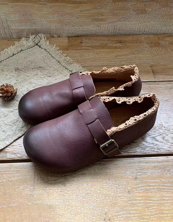 Retro Leren Platte Damesschoenen Met Ronde Kop