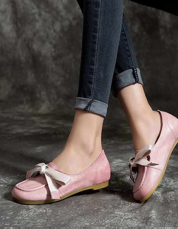 Retro Leren Roze Platte Schoenen Met Ronde Kop