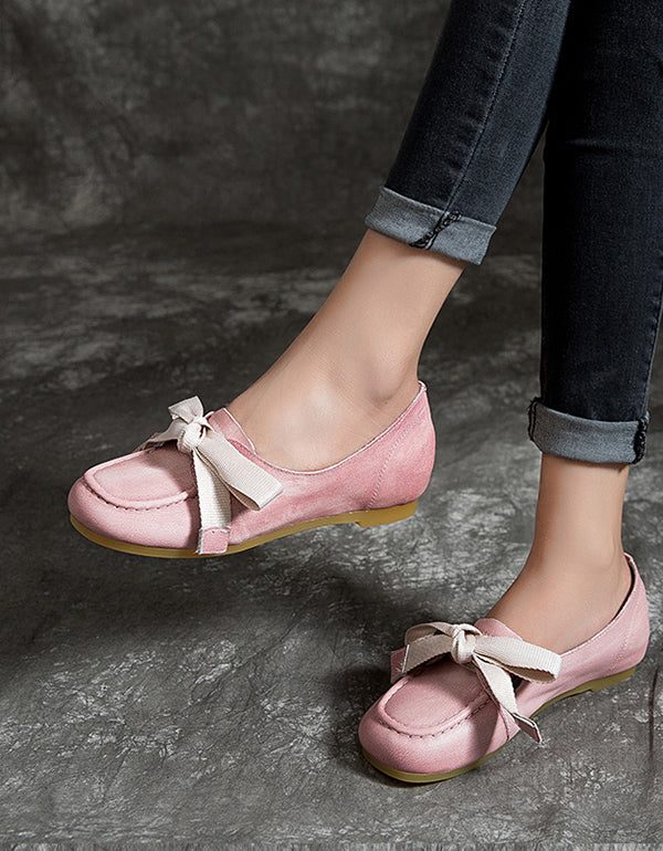 Retro Leren Roze Platte Schoenen Met Ronde Kop
