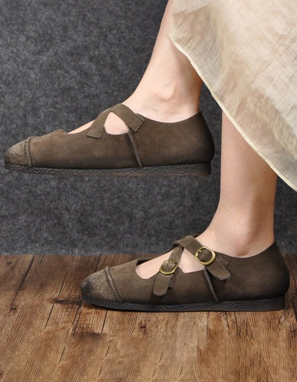 Ronde Kop Cross Buckle Soft Leren Retro Platte Schoenen