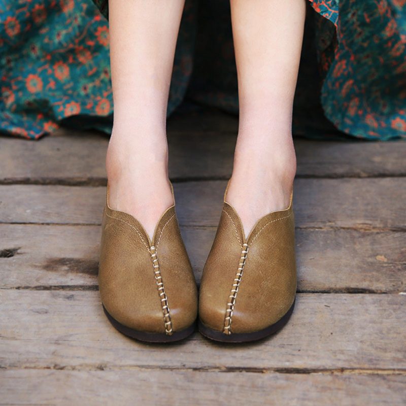 Vier Seizoenen Retro Handgemaakte Lederen Platte Damesschoenen | Cadeau Schoenen
