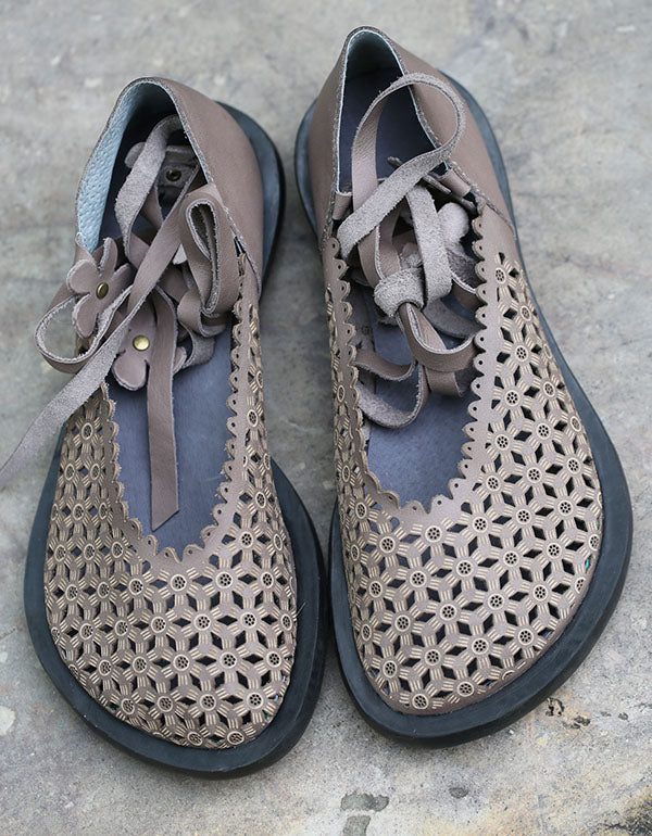 Zomer Bloemenband Retro Leren Platte Schoenen