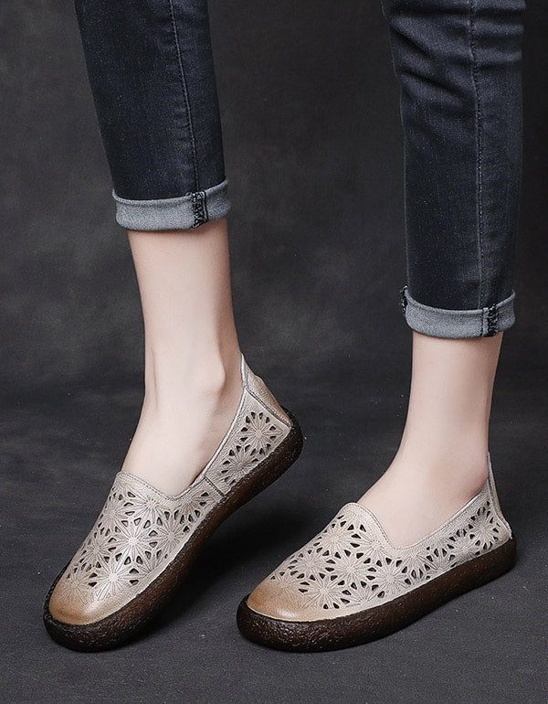 Holle Gesneden Leren Instapschoenen Voor Dames 35-43