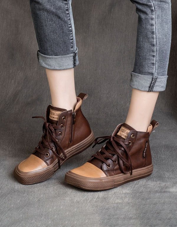 Herfst Vierkante Hoofd Handgemaakte Retro Lederen Sneakers