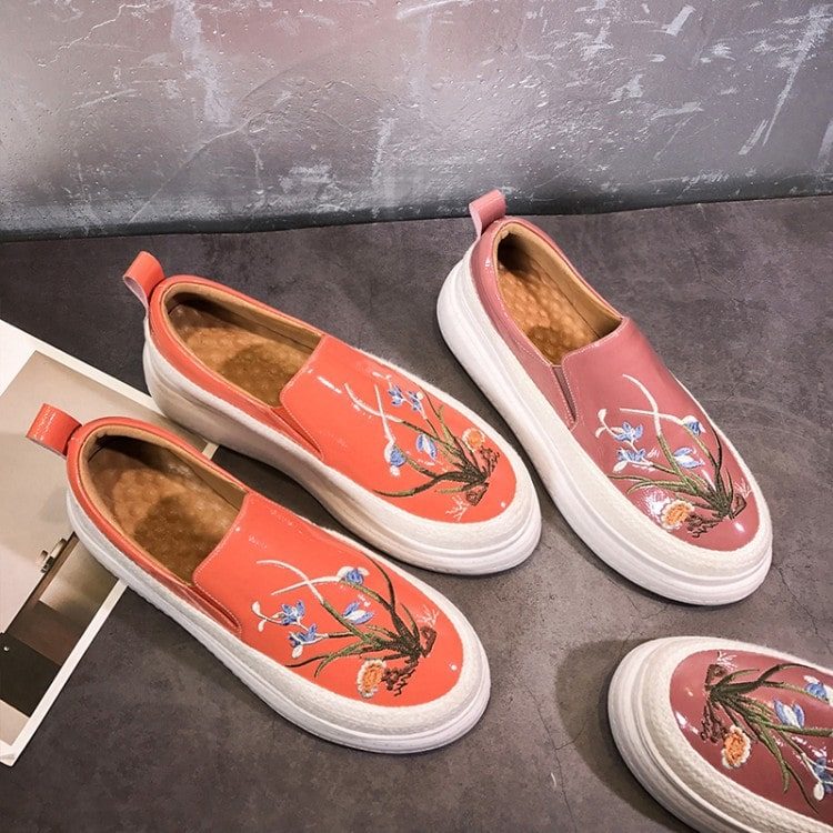 Vintage Geborduurde Casual Schoenen Met Dikke Hakken