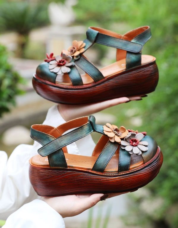 Close Toe Wedge Heel Flower Leren Zomersandalen