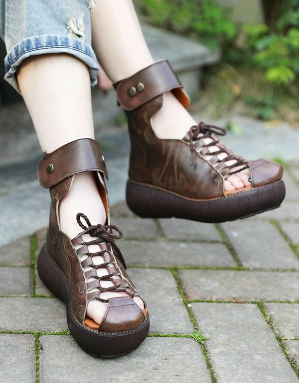 Handgemaakte Lederen Zomerwig-sandalen Met Veters