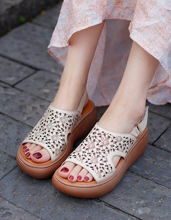 Retro Lederen Holle Sleehak Sandalen