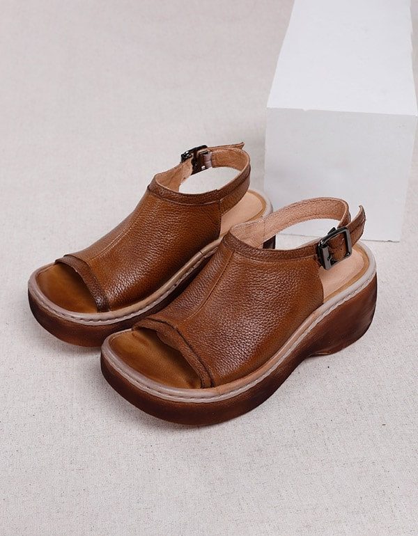 Retro Leren Zomer Open Teen Platform Sandalen