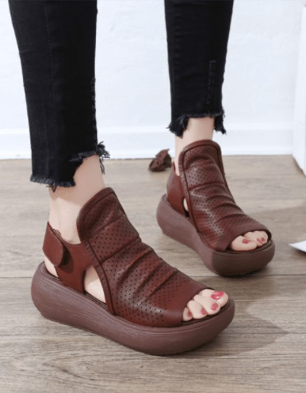Retro Leren Zomer Sandalen Met Sleehak