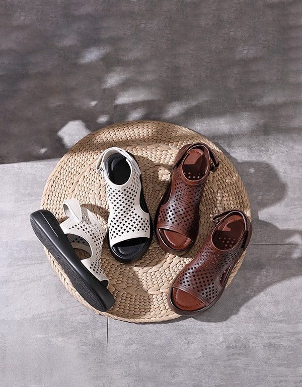 Retro Leren Zomersandalen Met Klittenband