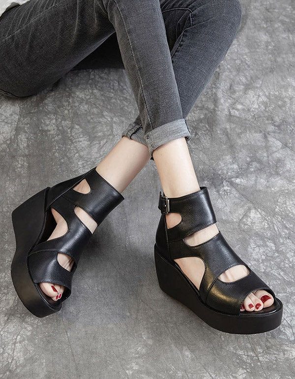Zomer Lederen Open Teen Zwarte Sleehak Sandalen 42