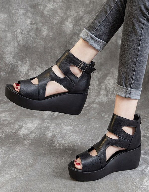 Zomer Lederen Open Teen Zwarte Sleehak Sandalen 42