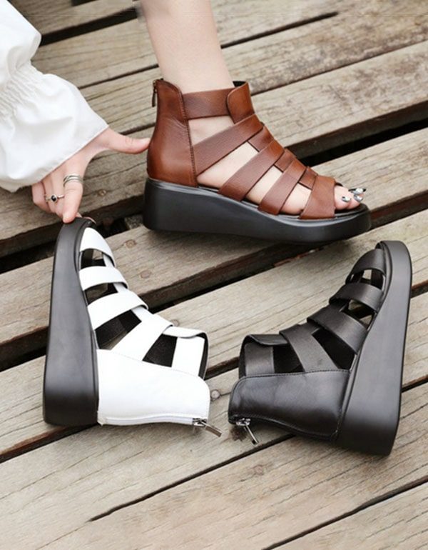 Zomer Retro Leren Enkelbandjes Wedge Sandalen