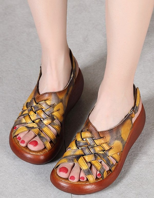 Zomer Wedge Retro Leren Sandalen Dames
