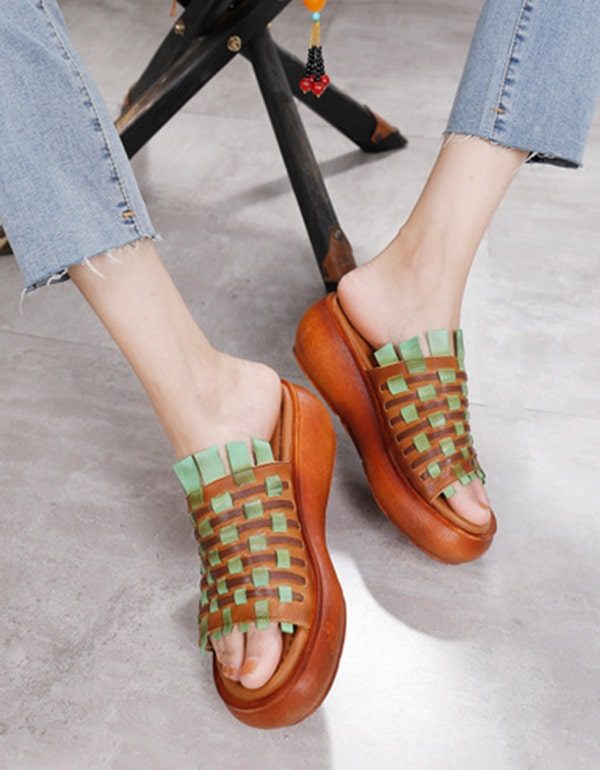 Retro Lederen Handgeweven Wigslippers Voor Dames