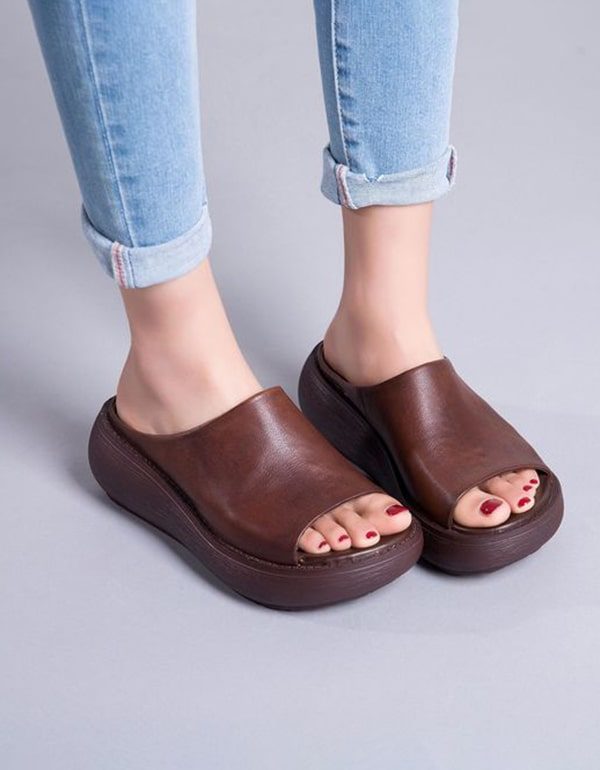 Retro Leren Zomerpantoffels Met Open Neus