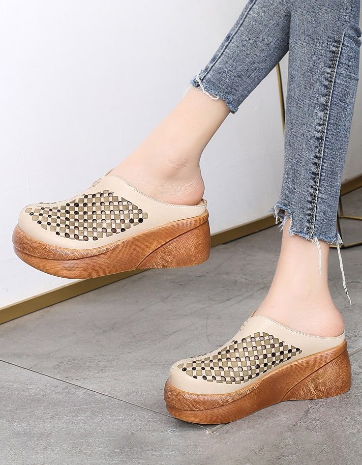 Retro Leren Zomerpantoffels Met Plateauzool