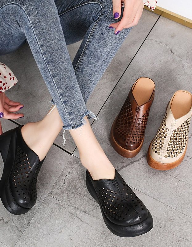 Retro Leren Zomerpantoffels Met Plateauzool