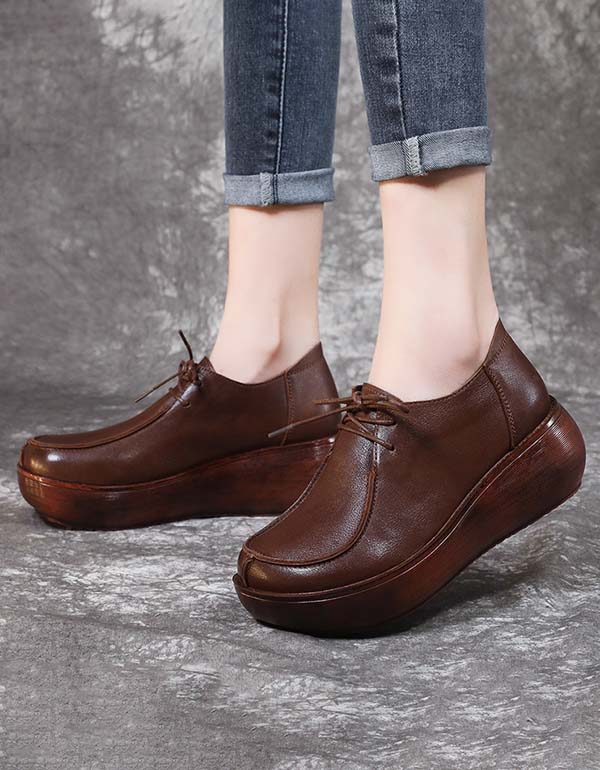 Handgemaakte Wedge Retro Schoenen Met Lente Veterschoenen