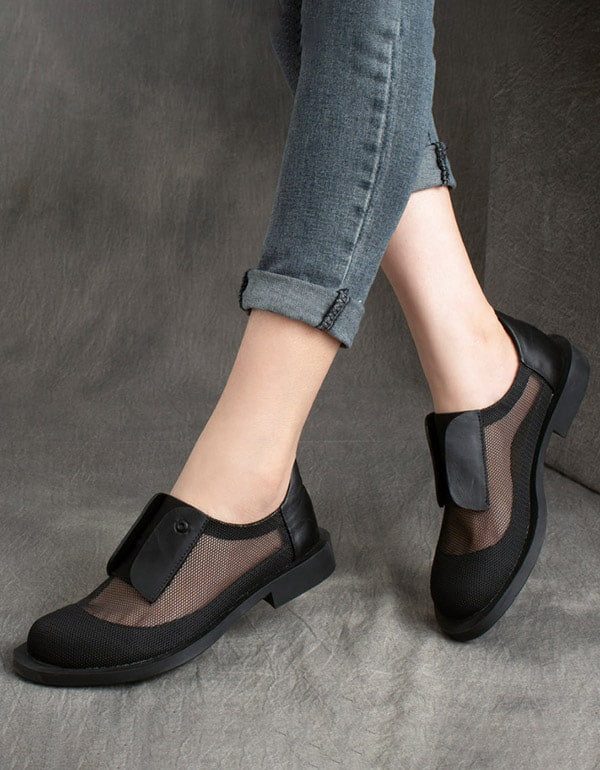 Lente Knappe Retro Lederen Mesh Mode Schoenen